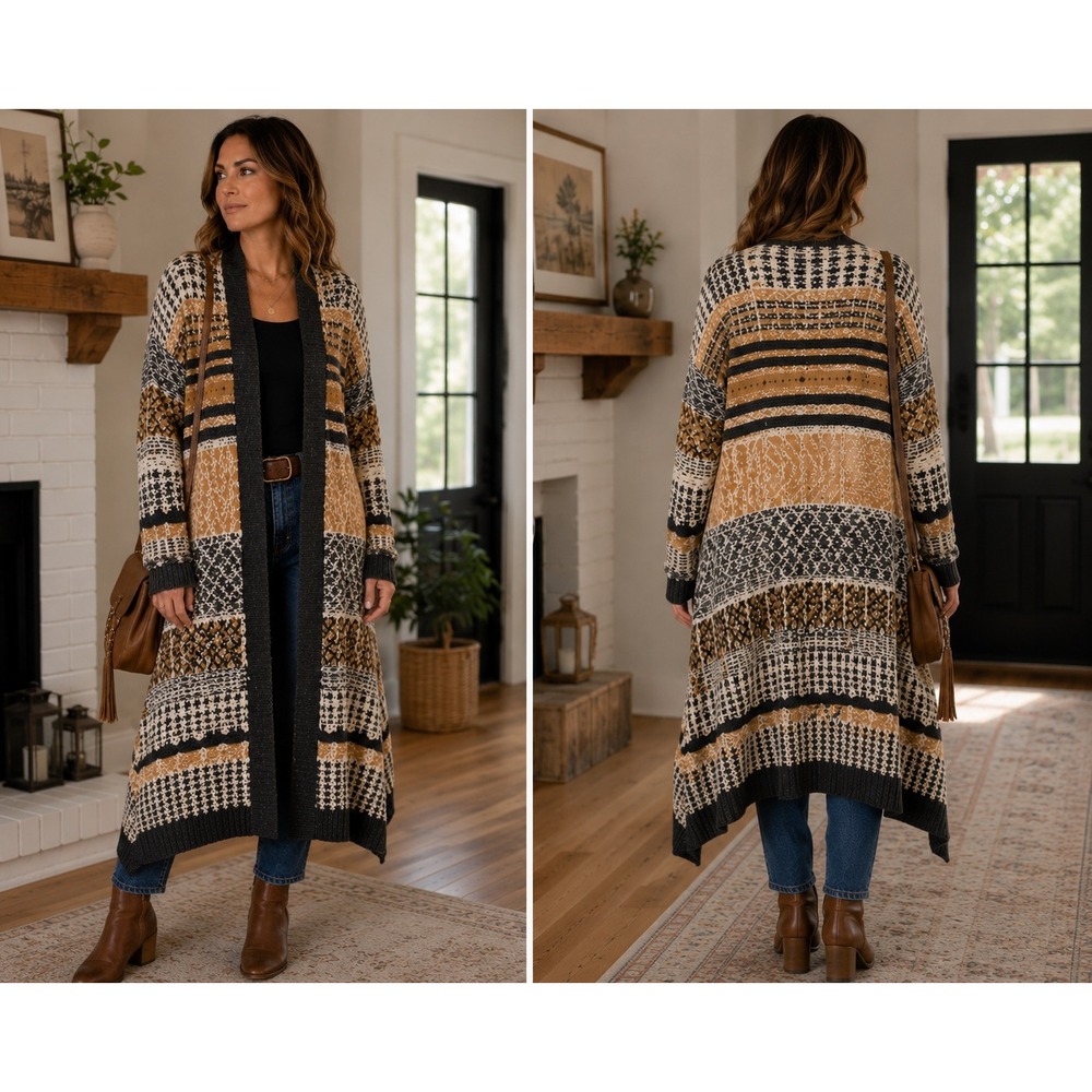 Marled Boutique S Long Duster Cardigan Geometric Textured Boho Open Front
